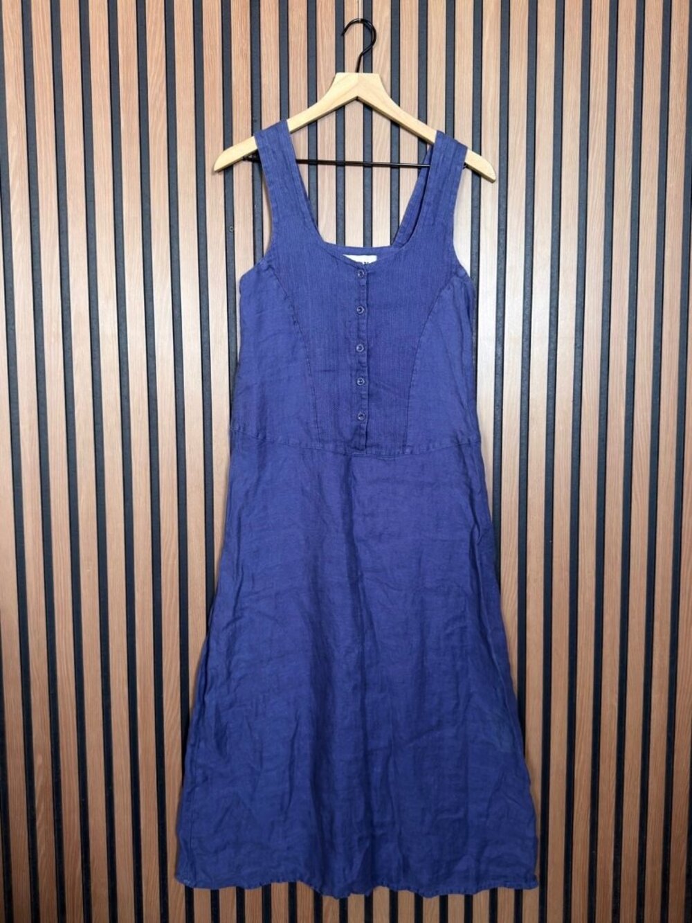 Flax Navy Blue Linen Button-Front Midi Dress